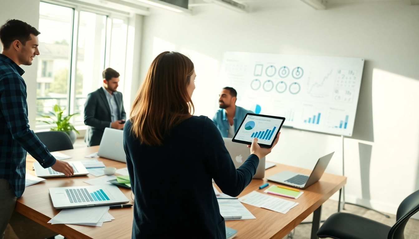 Analyze competitive intelligence data collaboratively in a modern office environment.