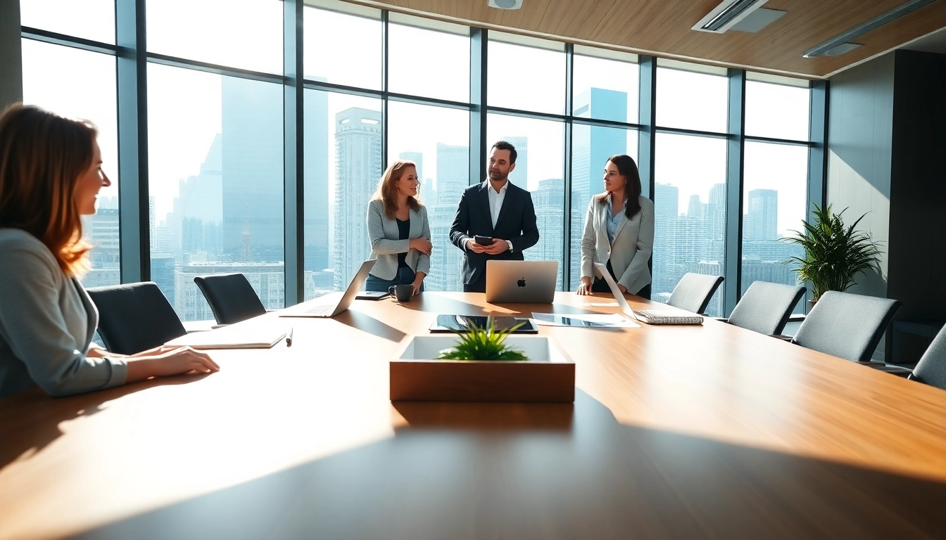 Quickplus Business Consultants team conducting a professional meeting with city skyline backdrop.