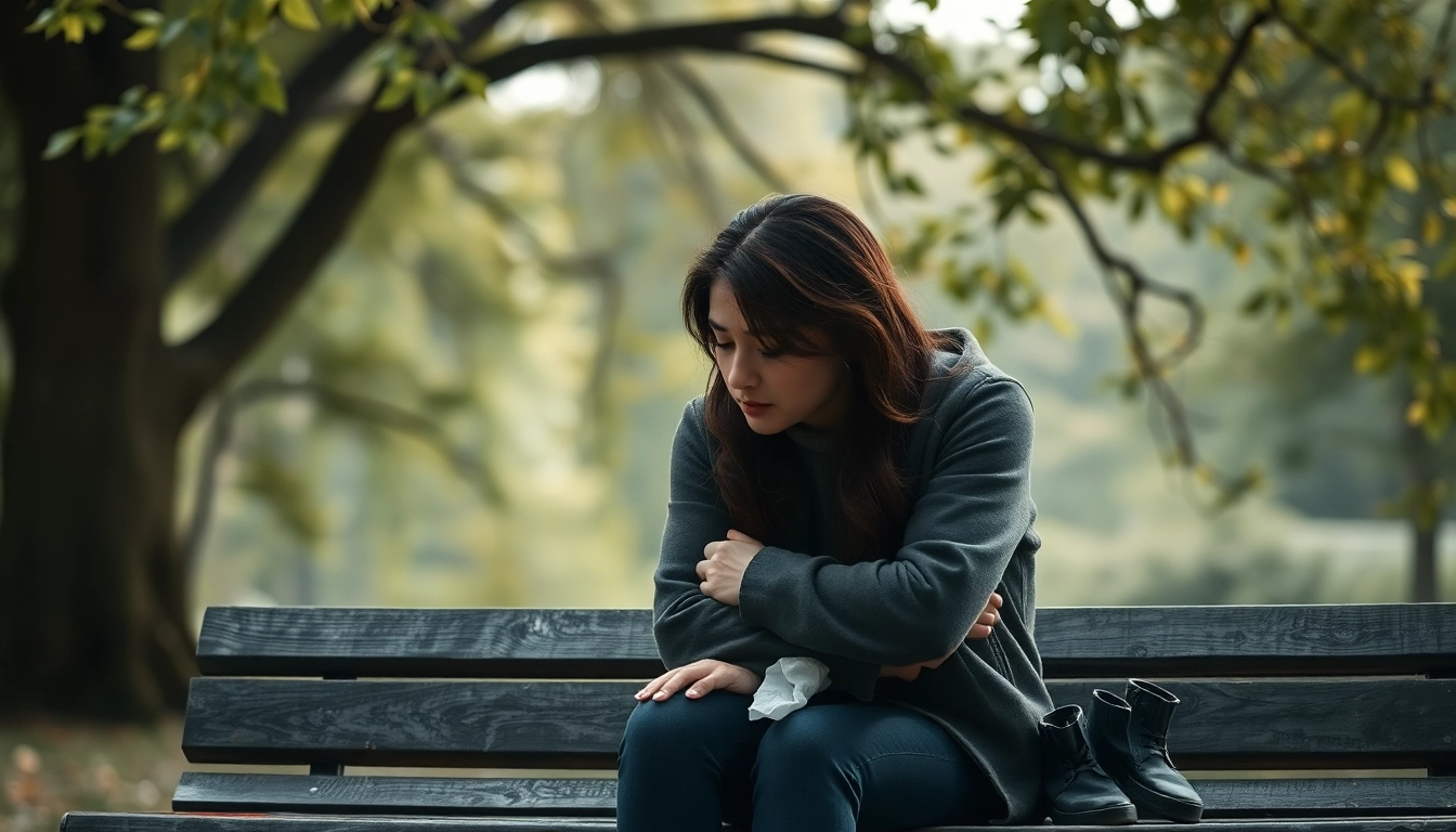 Person reflecting on dealing with grief while sitting on a bench in a serene park.