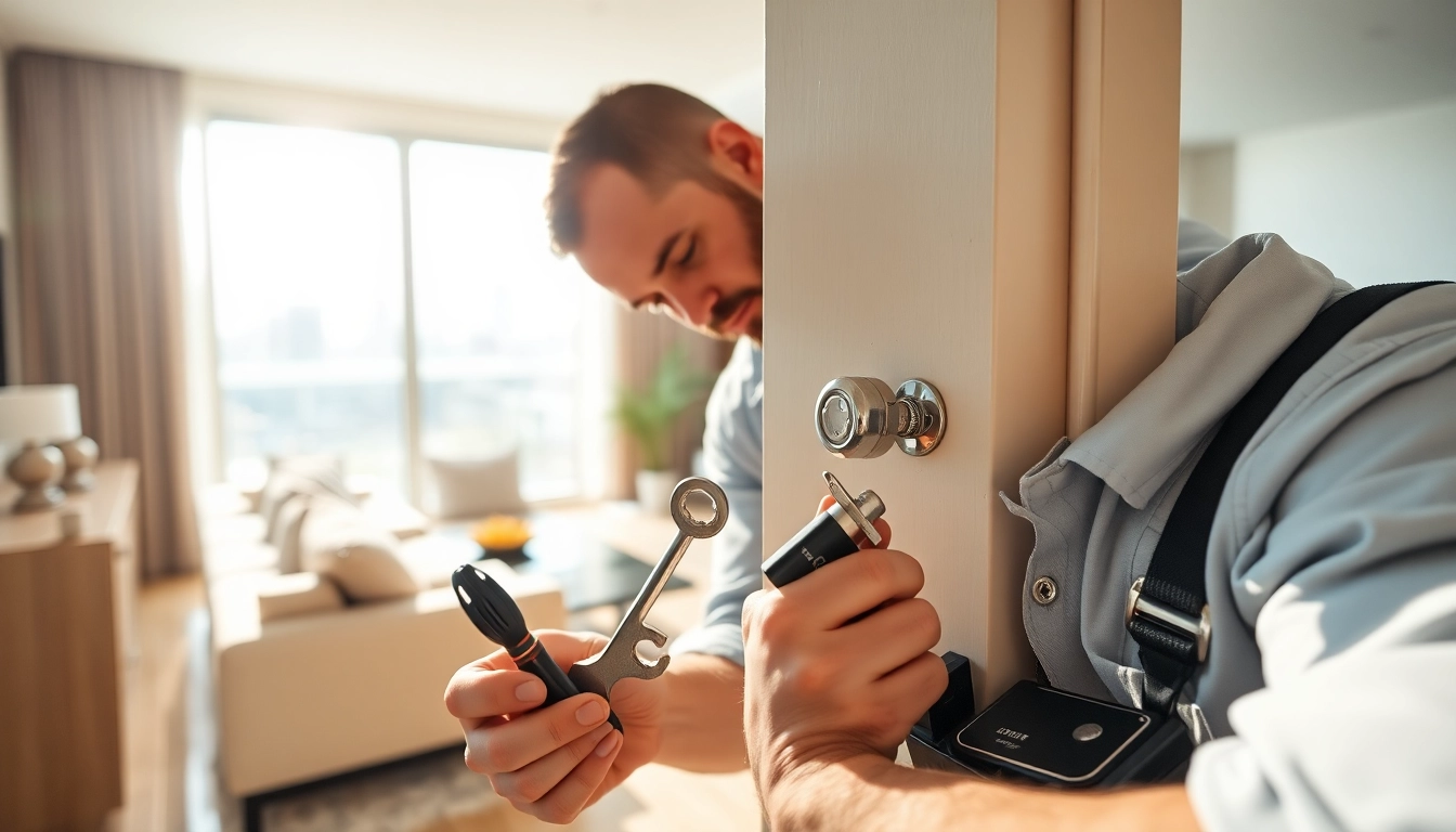 Locksmith Miami expert unlocking a door in a modern apartment with professional tools.